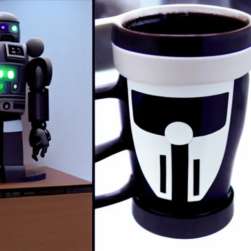 Prompt: A robot coffee mug designed by Anakin Skywalker to fit where his hand used to be, still from star wars,