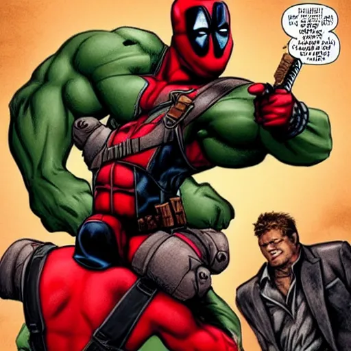 Prompt: a photo of Deadpool taking a piggyback on the Hulk