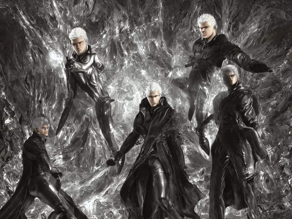 Prompt: dante and vergil in shiny hell, nightmare, horror, sharp focus, detailed, photorealistic