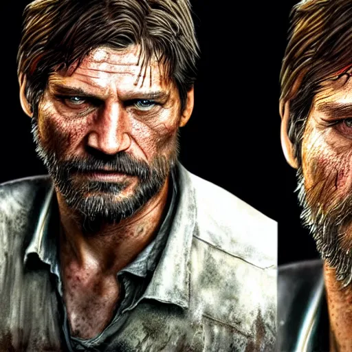 Image similar to Nikolaj Coster-Waldau as Joel in The Last Of Us, hyperrealism photo