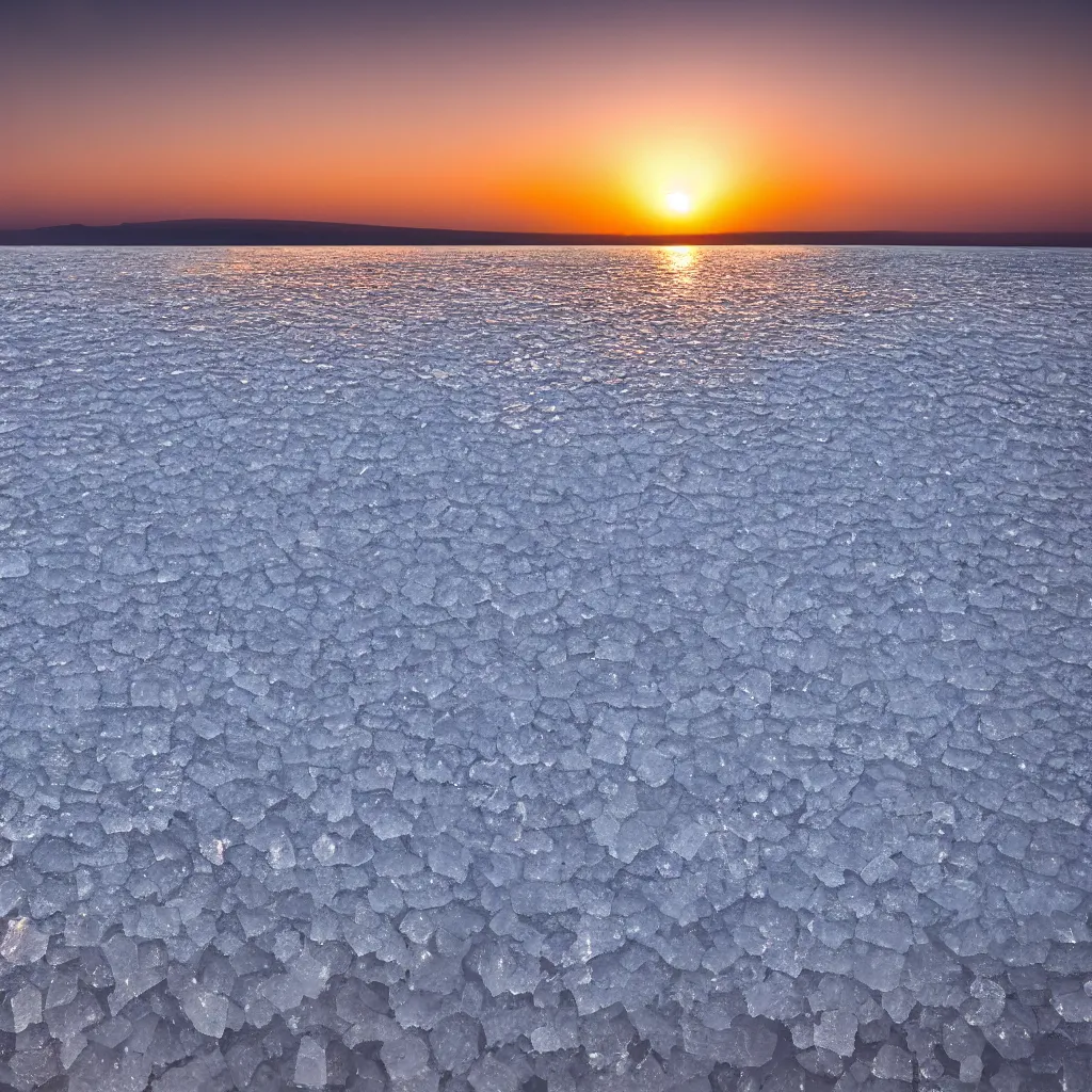 Prompt: salt crystals at the dead sea, sunset, professional photo