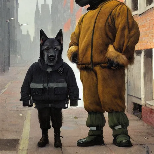 Image similar to new york city portrait of furry anthro anthropomorphic german shepard head animal person fursona wearing clothes nypd traditional police uniform in the alley, sunny day, digital art by Nerdrum John, William Waterhouse, Winslow Homer, Alex Heywood, Jordan Grimmer, Darren Quach, Greg Rutkowski, Simon Stalenhag, trending on Artstation, CGSociety