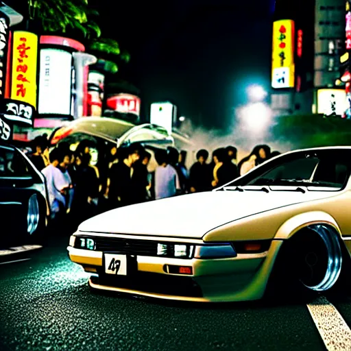 Image similar to a car S30 turbo drift at illegal car meet, shibuya prefecture, midnight mist streetlights, color grade, photorealistic, highly detailed wheels, highly detailed