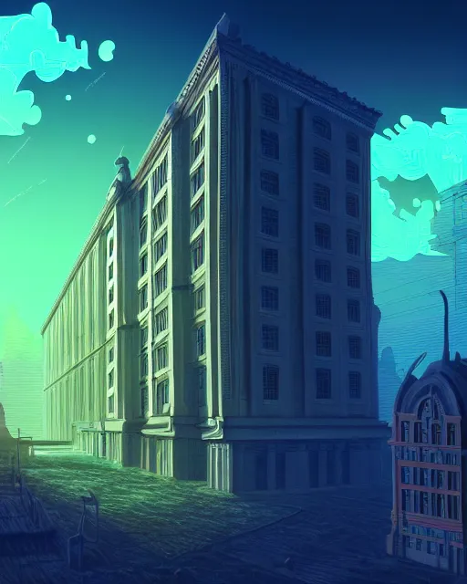 Image similar to a beautiful detailed highly detailed building unfinished building city architecture military hospital by louis kahn, apocalyptic sunlight uv light rainforest lightpaint at night studio ghibli at dusk myst at dawn retrowave synthwave nightsky cyberpunk, archdaily, wallpaper, highly detailed, trending on artstation.