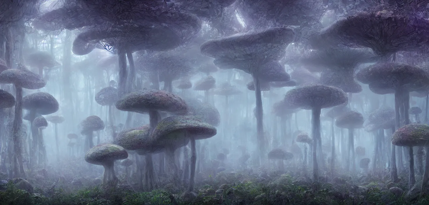 Image similar to a distant dense forest of giant bismuth mutated mushrooms, intricate, highly detailed, organic, volumetric fog, concept art, masterpiece