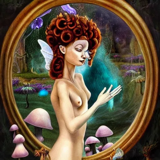 Prompt: creepy beautiful mushroom fairy in the bathroom mirror looking back at you, ultra - realistic fantasy painting in the style of salvador dali and ida outhwaite, trending on artstation