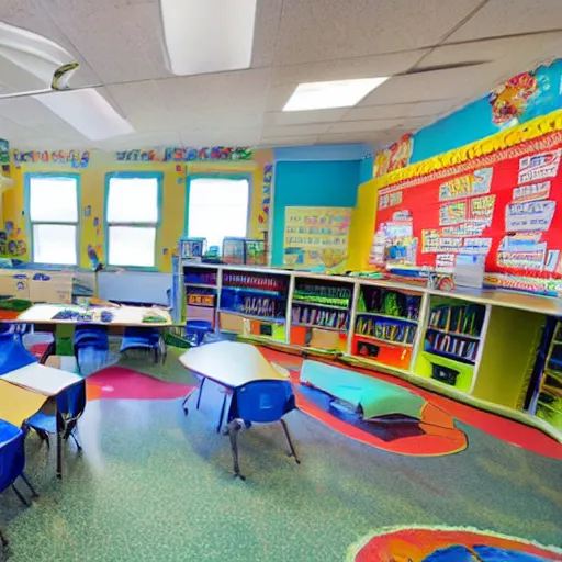 Prompt: photo of an elementary school classroom with humpback whales all over the floor