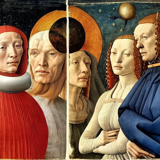 Image similar to beautiful renaissance painting portrait of an astronaut floating in space by sandro botticelli, jan van eyck, tiziano vecelli, piero della francesca