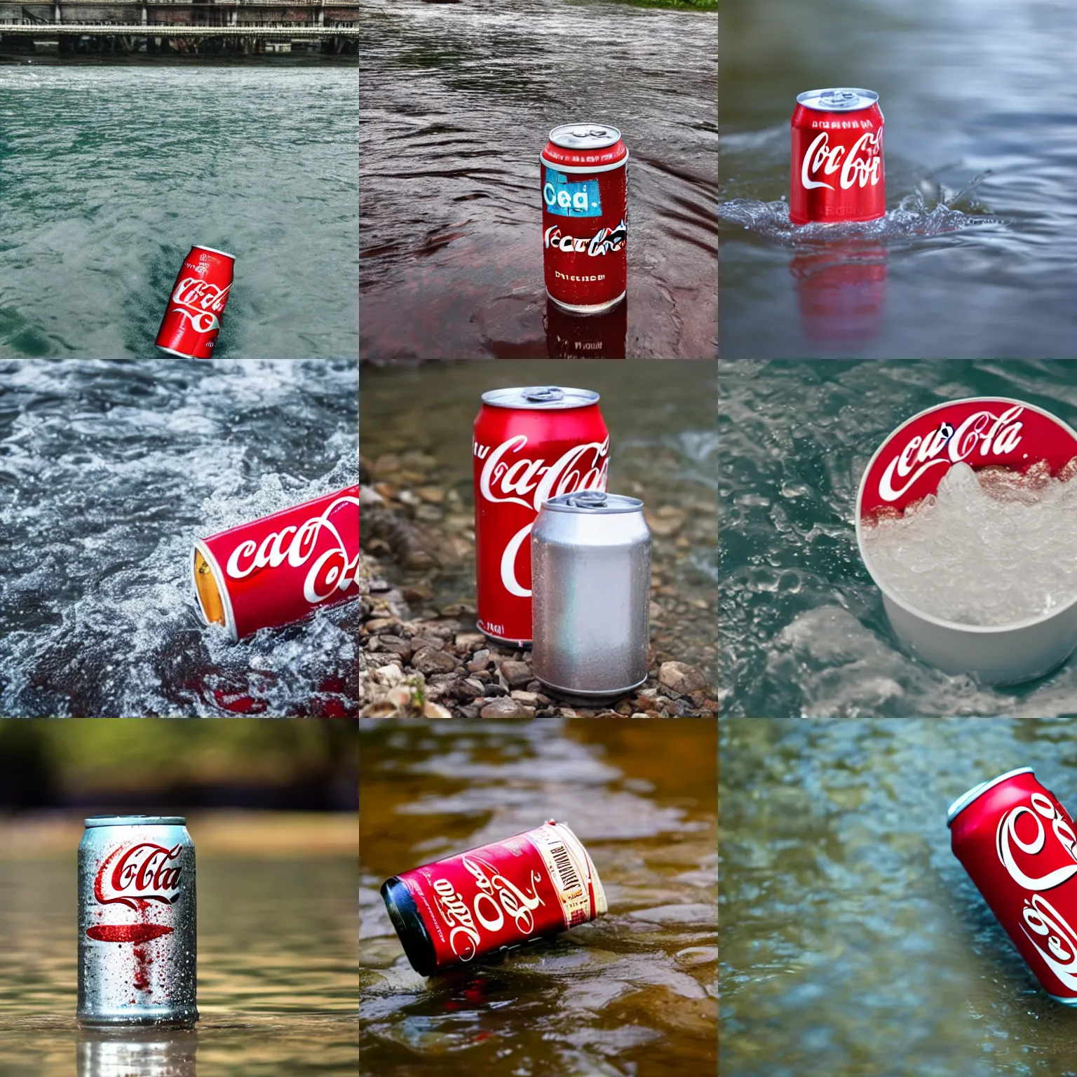 Prompt: a can of coke that is transparent floating down a river