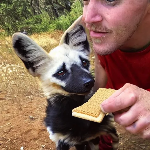 Prompt: photo of serving graham crackers to a fluffy african wild / painted dog pup so he can happily lick his graham crackers : a good boy who deserves his tuesday graham crackers