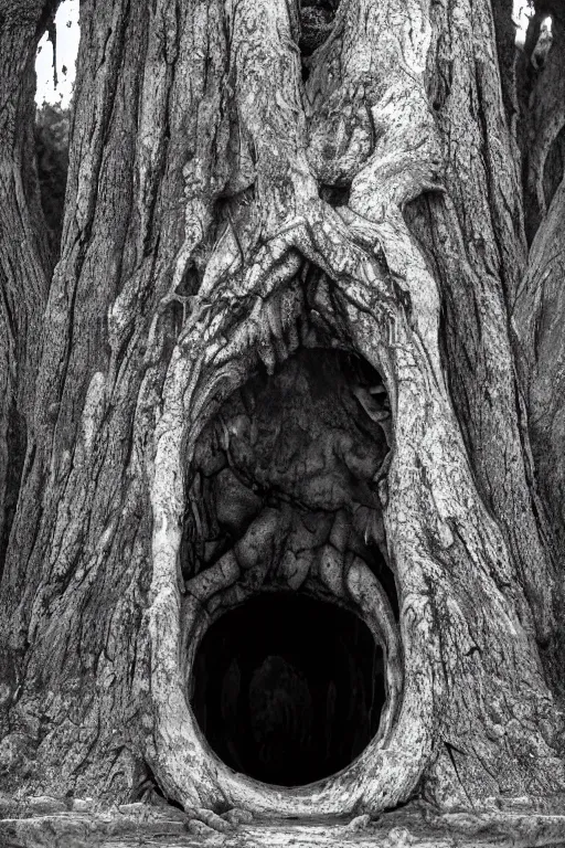 Prompt: a gloomy portal to the underworld in a big old tree