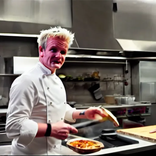 Image similar to hyper real Gordon Ramsey cooking a unicorn in kitchen 4k