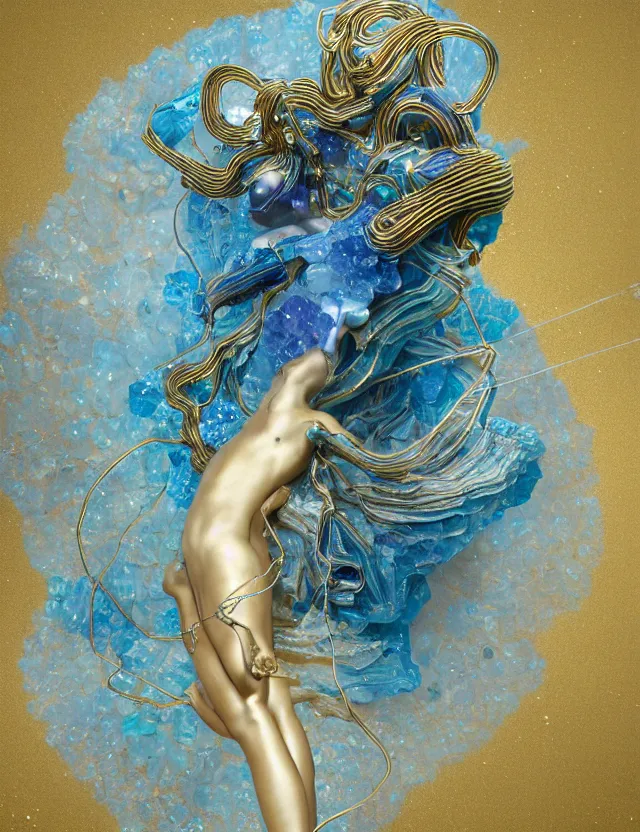 Prompt: a photo of a sculpture of a winged child made from blue and emerald and amethyst crystal geode formations with a marble egg with obsidian base with liquid gold tendrils flowing by ellen jewett by stanisław szukalski, octane render, byzantine, recursive, tendrils, elestial crystals, geode,