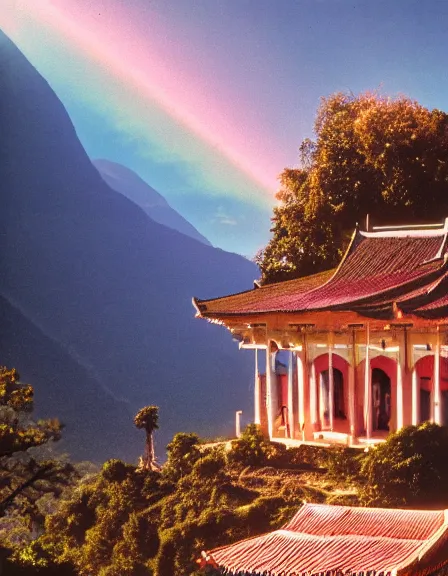 Image similar to vintage color photo of light floating over a temple in the jungle in Cordillera De Los Andes, 8k definition