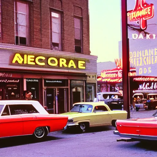 Image similar to color kodachrome photograph of an american city street in 1 9 6 6. neon sign, americana, parked cars, cinema, fire hydrant