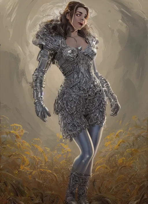 Image similar to beautiful female dorothy gale, rebecca romijn as dorothy, full body character concept, covered in full silver armor, armor plating, art nouveau, nordic, super powers, fantasy, intricate, elegant, highly detailed, digital painting, artstation, concept art, shining, sharp focus, illustration, art by stanley lau