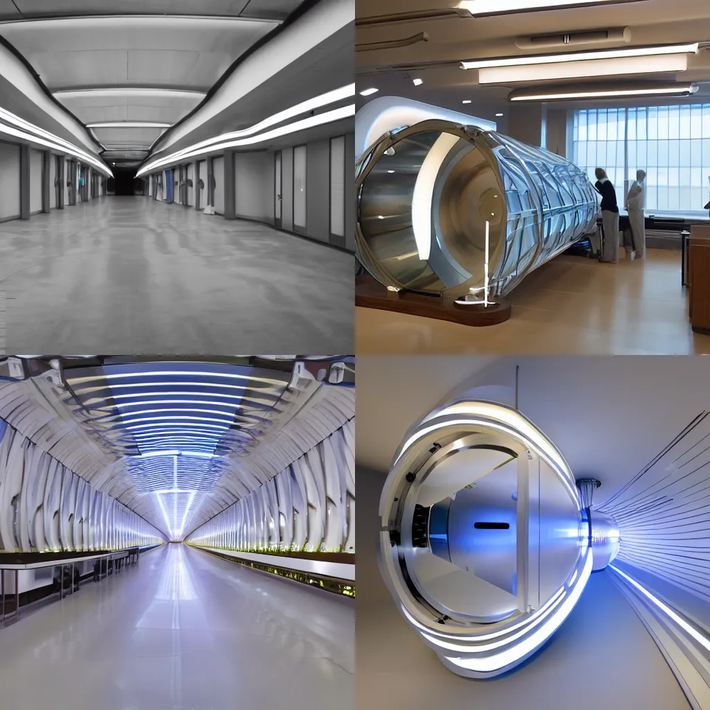 Prompt: a streamline modern particle collider, streamline moderne style, professional lighting