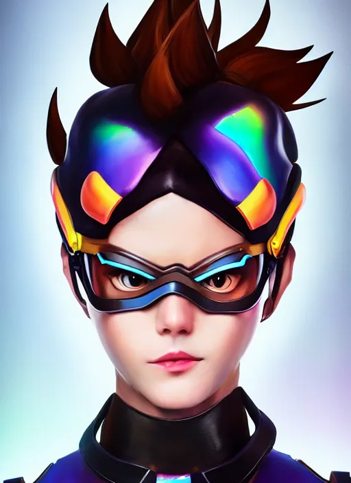 Image similar to overwatch style oil painting portrait of tracer overwatch, confident pose, wearing black iridescent rainbow latex, rainbow, neon, 4 k, expressive surprised expression, makeup, wearing black choker, wearing sleek armor, studio lighting, black leather harness, expressive detailed face and eyes,