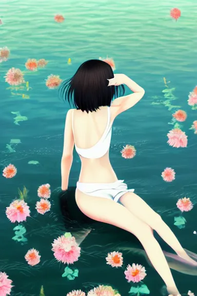 Image similar to mysterious girl with her long black hair dressed in a simple white dress swimming in a lake with flowers, anime art style, digital art by ilya kuvshinov, inspired by balthus, hd, 4 k, hyper detailed, side view