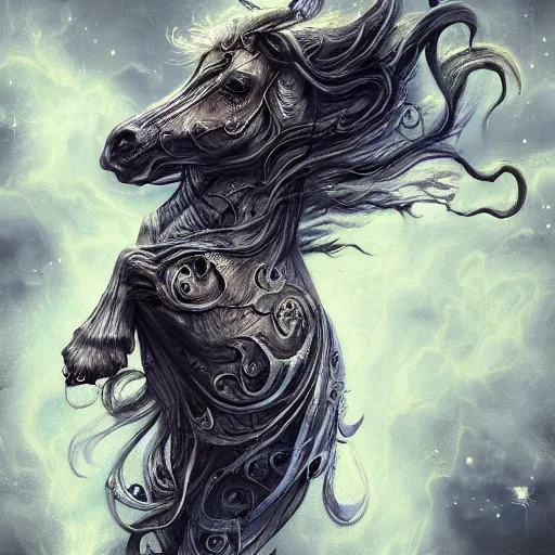 Image similar to a wlop 3 d render of very very very very highly detailed beautiful mystic portrait of a phantom undead horse with whirling galaxy around, tattoos by anton pieck, intricate, extremely detailed, digital painting, artstation, concept art, smooth, sharp focus, illustration, intimidating lighting, incredible art,