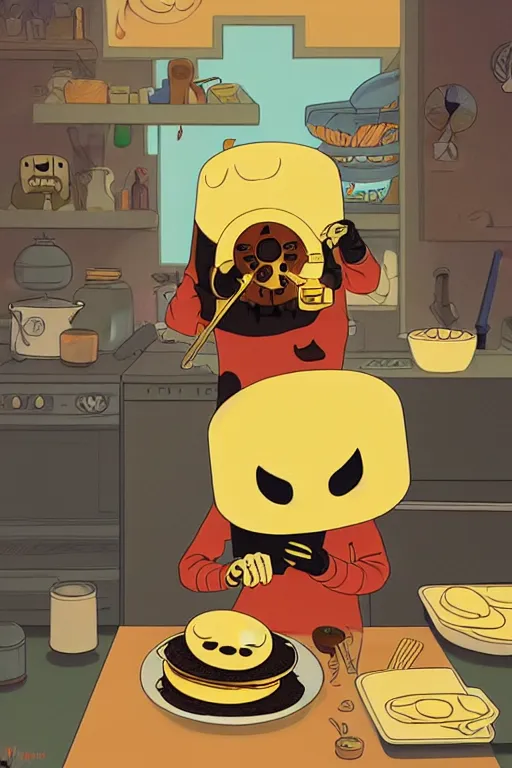 Image similar to mf doom madvilliany making pancakes in style of adventure time, animation pixar style, by pendleton ward, magali villeneuve, artgerm, rob rey and kentaro miura style, golden ratio, trending on art station