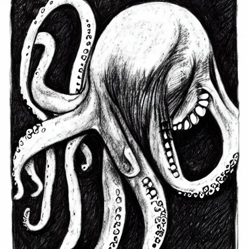 Prompt: grunge drawing of an octopus in the style of the grudge | horror themed