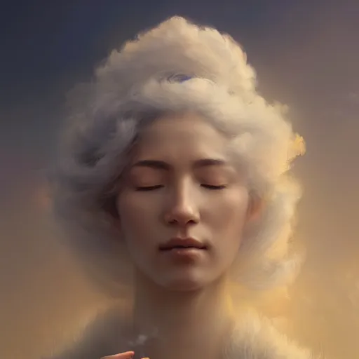 Prompt: a beautiful portrait of a cloud goddess with closed eyes, birds background, by Greg Rutkowski and Raymond Swanland, Trending on Artstation, ultra realistic digital art