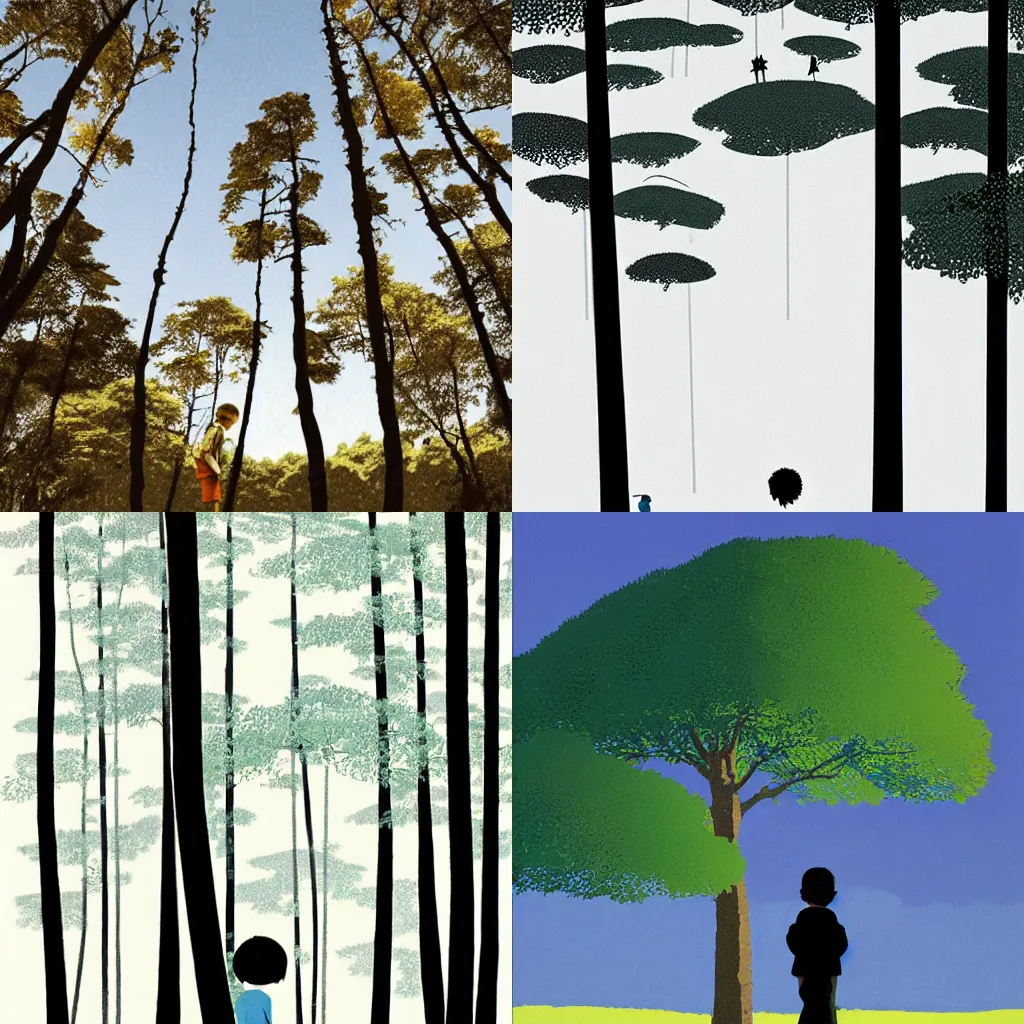 Prompt: small boy among giant trees by tatsuro kiuchi,