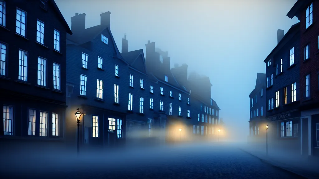 Image similar to the old town with houses in the windows of which the light is on. early morning, fog. mike barr painting. volumetric light, derk blue ambient, noir arthouse, 3 5 mm, hight detalied, hd, 4 k