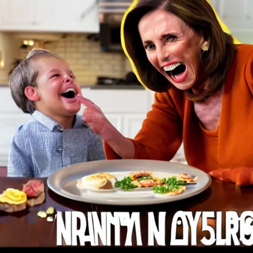 Image similar to a very excited young man with an open mouth smile, drooling over a tiny nancy pelosi on a plate