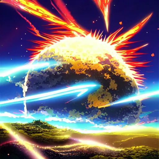 Image similar to anime key visual of a meteor crashing into earth