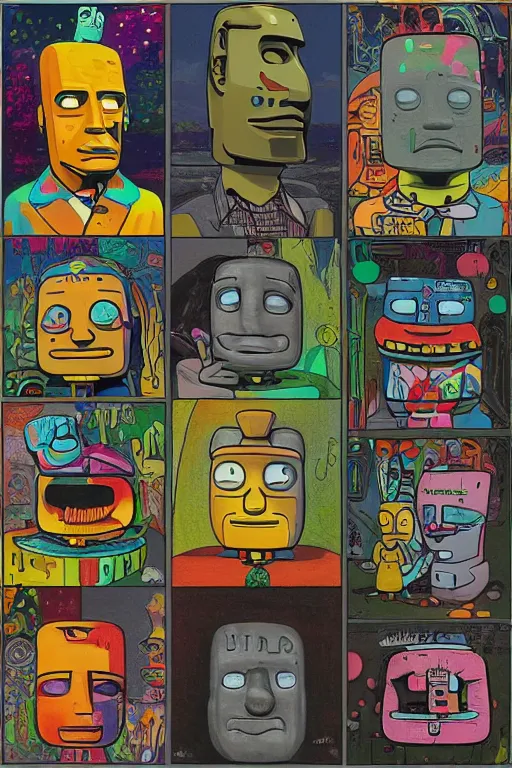 Prompt: moai statue popart slap face caricature simpson family art contest cartoon graffity, mark ryden bill cipher colorful vibrant beeple, by thomas kinkade