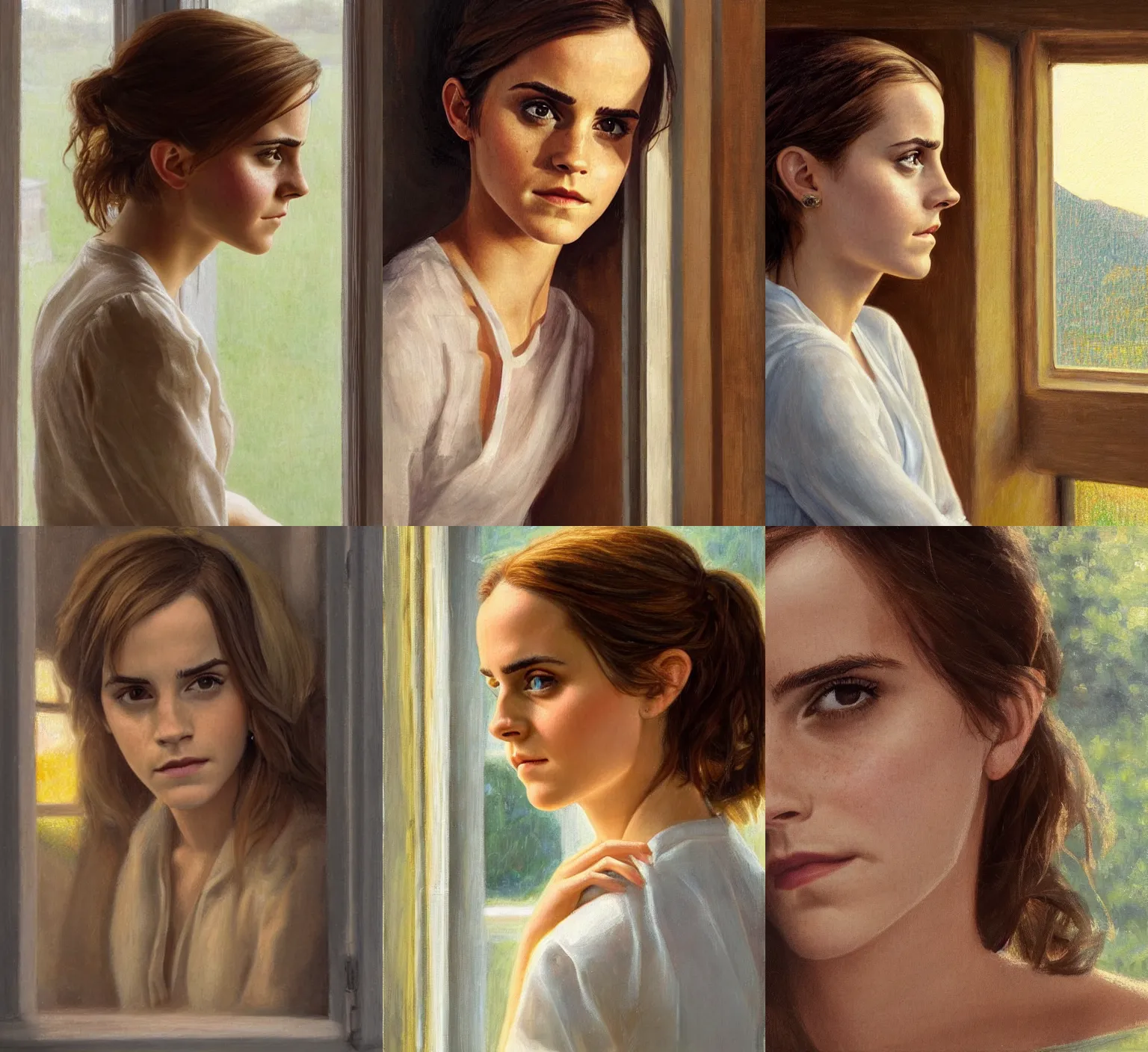 Prompt: Emma Watson looking out the kitchen window, detailed face, golden hour, by Kenne Gregoire