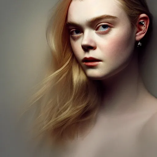 Image similar to A masterpiece head and shoulders portrait of Elle Fanning by Mariusz Lewandowski