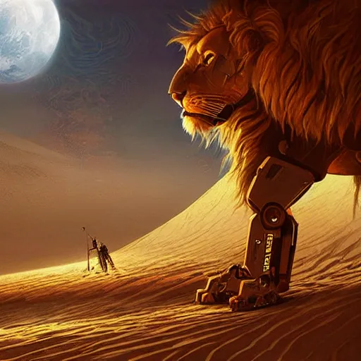 Image similar to concept art of robotic lion in scifi dunes, cyberpunk glow, matte painting by jama jurabaev,