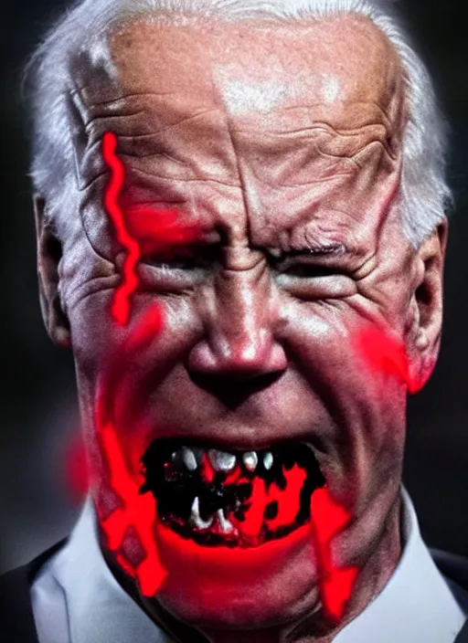 Image similar to hyper realistic ultra realistic horror terror dimensional photo furious glowing red eyes biden, high quality photo, detailed , 8k