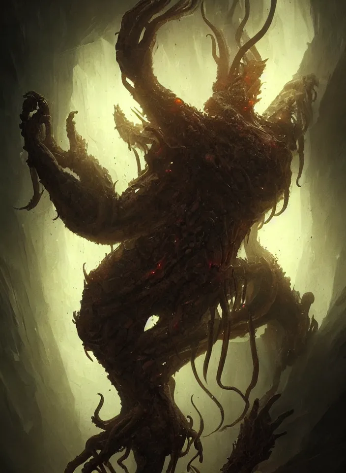 Prompt: a body portrait of a creature invoking fear, art by greg rutkowski, squid demon, scifi horror setting, dark lighting, matte painting, trending on artstation, very detailed