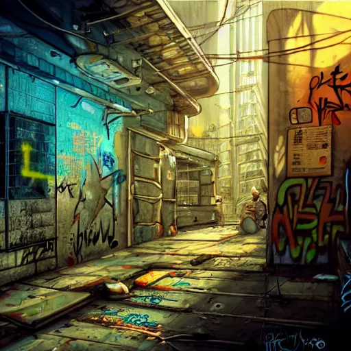 Image similar to graffiti on a wall in a run down building, happy mood, cyberpunk, futuristic, technilogy, high detail, golden light, realistic