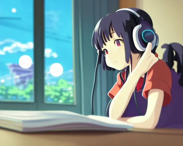 Image similar to anime fine details portrait of joyful school girl in headphones studying near monitor in her room at the table, evening, lamp, lo-fi, open window, dark city landscape on the background deep bokeh, profile close-up view, anime masterpiece by Studio Ghibli. 8k, sharp high quality anime