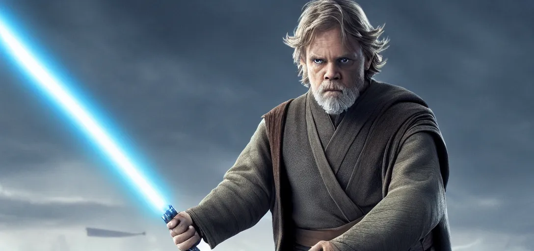 Image similar to Jedi master Luke Skywalker from the last jedi standing alone in heroic pose hyper realistic 4k