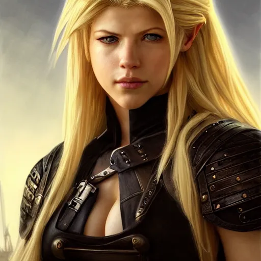 Image similar to beautiful Katheryn Winnick as Cloud Strife, western, closeup, D&D, fantasy, intricate, elegant, highly detailed, digital painting, artstation, concept art, matte, sharp focus, illustration, art by Artgerm and Greg Rutkowski and Alphonse Mucha