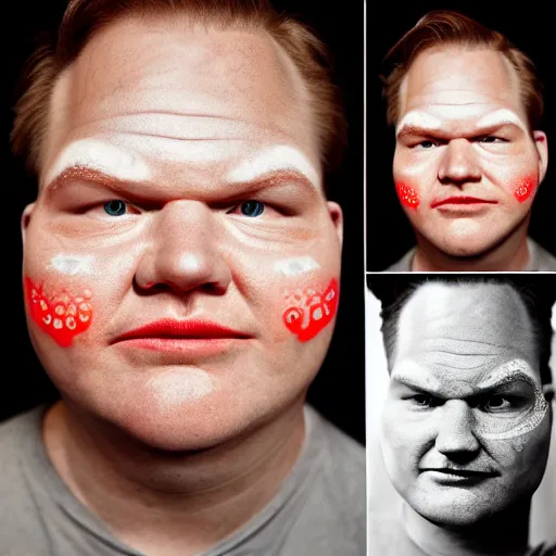 Image similar to andy richter, glowing eyes, facial tattoos by john reuss,