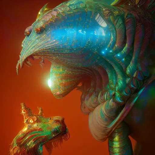 Image similar to iridescent opalescent cyborg animal in candyland, warm tones : by michal karcz, daniel merriam, victo ngai and guillermo del toro : ornate, dynamic, particulate, intricate, elegant, highly detailed, centered, artstation, smooth, sharp focus, octane render