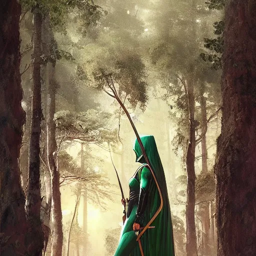 Prompt: an woman with a green cape and hunter bow wearing iron armor in the middle of an forest, Matte painting , detailed painting, greg rutkowski