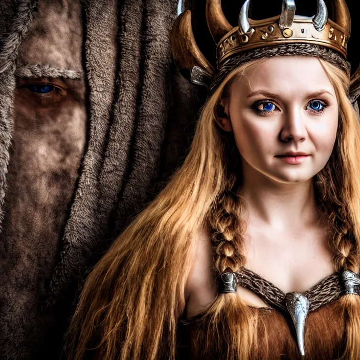 Image similar to photo of a very cute! beautiful viking queen, highly detailed, 4 k, hdr, smooth, sharp focus, high resolution, award - winning photo