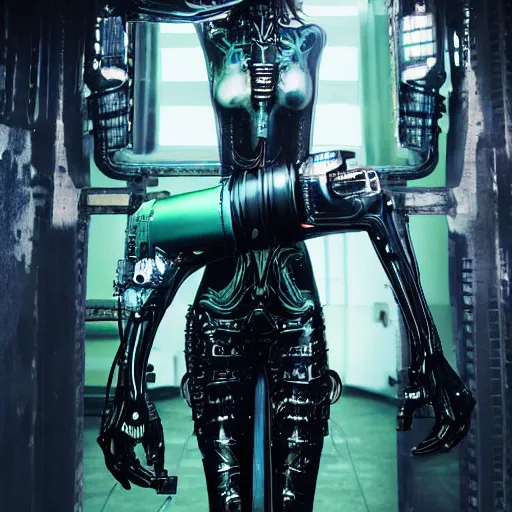 Image similar to charlotte kemp muhl as a cyborg android, giger, futuristic, cyberpunk, neon, vivid color, high resolution, 8 k detail