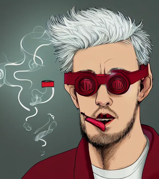 Prompt: young man in red jacket and white shirt, white hair, round goggles, smoking cigarette, character portrait, sharp focus, illustration, high detailed, sad