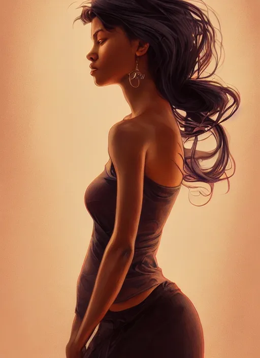 Image similar to handsome black young women with shoulder length brown hair, half body shot, path traced, highly detailed, high quality, digital painting, alena aenami, lilia alvarado, shinji aramaki, karol bak, alphonse mucha, tom bagshaw