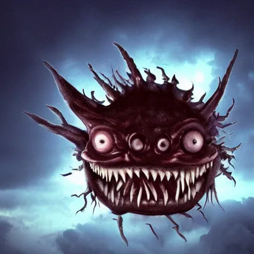 Prompt: terrifying angler fish demon in the clouds above the ocean during a lightning storm