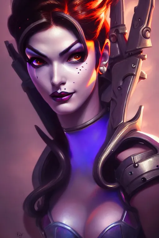 Prompt: pretty widowmaker from overwatch, fantasy, fantasy art, character portrait, portrait, close up, highly detailed, scifi art, intricate detail, amazing detail, sharp focus, vintage fantasy art, vintage sci - fi art, radiant light, trending on artstation, caustics, by boris vallejo